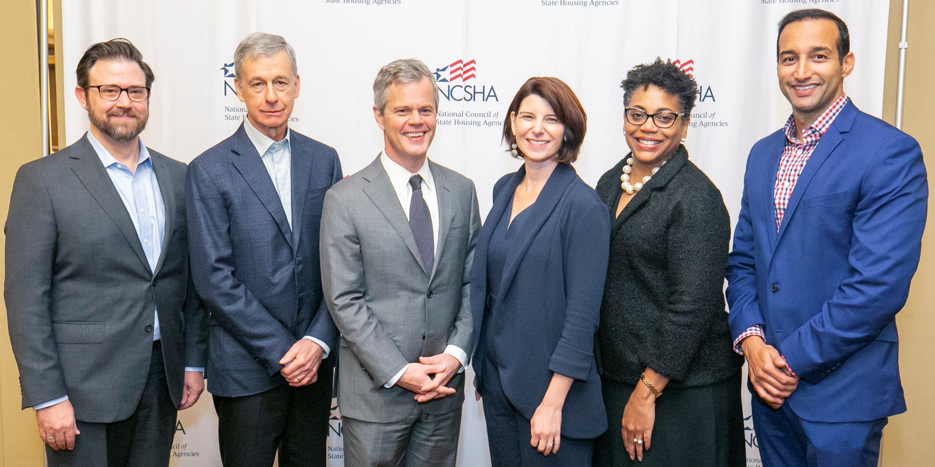 In image From left to right are newly elected members of the Executive Committee of the NCSHA Board of Directors, Vice Chair Scott Spivey (Mississippi),Immediate Past Chair Grant S. Whitaker (Utah), Executive Director Stockton Williams,Secretary/Treasurer Margaret Salazar (Oregon), Chair Tia Boatman Patterson (CalHFA), and At-Large Executive Committee Member Anas Ben Addi (Delaware).